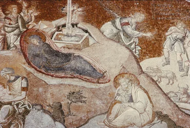 La Natividad, del Monasterio de Chora, bizantino, c.14 siglo (detalle)