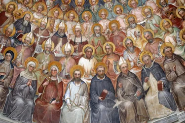 El Baptisterio de Padua. Frescos del techo del siglo XIV por Giusto de Menabuoi. El Paraíso. Cristo bendiciendo con patriarcas, profetas y santos. Detalle. Padua. Italia.
