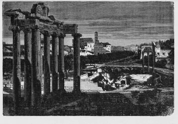 El Foro Romano rodeado por las ruinas de varios importantes edificios gubernamentales antiguos en el centro de la ciudad de Roma. Los ciudadanos de la antigua ciudad se referían a este espacio, originalmente un mercado, como el Foro Magnum, o simplemente e