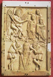 Las Tres Marías en la Tumba, placa tallada, Escuela del palacio de Carlomagno, francesa