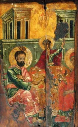 La Virgen María con sus padres (acuarela sobre lino sobre tabla)
