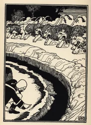El barón se defiende del ataque de leones prendiendo fuego a la pólvora. Ilustración de William Strang (1859-1921) y JB Clark del libro Las aventuras del Barón de Munchausen, de Rudolf Erich Raspe (1736-1794) (1789)