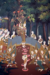 El nacimiento del niño Siddhartha, fresco mural, templo de Wat Botum, Phnom Penh, 2022 (foto)