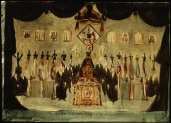 El cuerpo de Horatio Nelson (1758-1805) reposa en la Painted Hall del antiguo Royal Naval College de Greenwich durante el funeral del tercer día; se retira la tela negra que cubre el féretro y guardias vestidos de negro permanecen a ambos lados