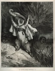 El gato con botas pide ayuda. Grabado de Gustave Doré (1832-1883) de Les contes de Charles Perrault (1628-1703)