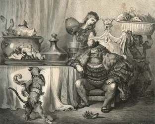 El gato con botas se encuentra con el ogro. Grabado de Gustave Doré (1832-1883) de Les contes de Charles Perrault (1628-1703)