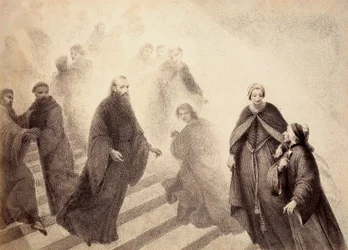 El espíritu contemplativo de Pedro Damián desciende de una escalera dorada, dirigiéndose hacia Dante. Ilustración del Canto XVI del Paradiso de La Divina Comedia de Dante Alighieri. Obra de Francesco Scaramuzza dedicada al Ayuntamiento de Florencia.