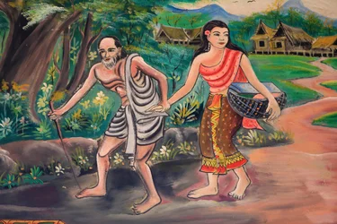El día anterior. Encuentro con el aldeano. El camino de la iluminación. Vida de Buda. Obra en el techo que representa la vida de Buda. Wat Inpeng. Vientián. Laos, 20151029, Vientián, Laos