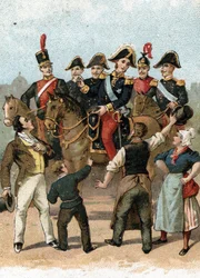 La entrada del rey Carlos X (1757-1836) en París en 1824 exclamando "no hay ningún cambio en Francia". Siglo XIX (cromolitografía)