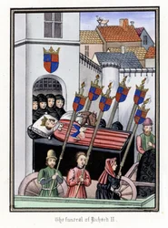 El cortejo fúnebre del rey Ricardo II de Inglaterra (1367-1400), saliendo del castillo de Pontefract hacia la catedral de San Pablo de Londres (Inglaterra).