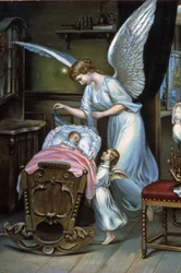 El ángel de la guarda vela por el recién nacido, finales del siglo XIX (ilustración)