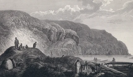 Los habitantes de Oonalashka (o Unalaska, Alaska, Estados Unidos) y sus hogares. Grabado de finales del siglo XVIII, según John Webber (1751-1793).