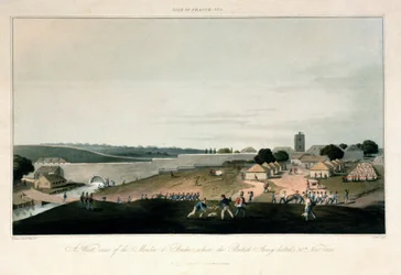 La Île de France (Mauricio), vista occidental del molino de Pondre, donde permanecía estacionado el ejército británico el 30 de noviembre de 1810. Aguafuerte en colores