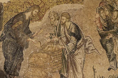 La multiplicación de los panes, mosaico, museo de la iglesia de Chora, Estambul, Turquía
