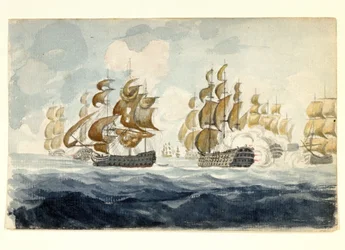 Maniobra naval de Alexander Hood, vizconde de Bridport (1726-1814) frente a la costa de Lorient (Francia), durante la batalla de Île de Groix (1795). Acuarela