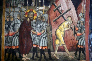 La pasión de Cristo Simón lleva la cruz Fresco bizantino del monasterio de Agios Ioannis Lampadistis, San Juan Lampadistis siglo XI Chipre Iglesias pintadas sitio UNESCO Troodos, Chipre