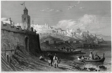 El pintoresco puerto de la ciudad fortificada de Tánger en el siglo XIX, en el libro sobre el Mediterráneo de Louis Enault (1824-1900), periodista y viajero francés. Louis Enault, EL MEDITERRÁNEO SUS ISLAS Y SUS COSTAS, Morizot