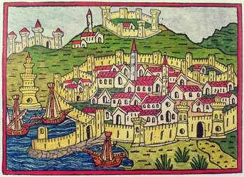El puerto y la ciudad de Nápoles en 1482, de la "Cosmographia Universalis" (xilografía)