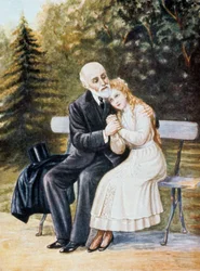 Teresa de Lisieux pidiendo a su padre Luis Martín que entre en el convento, ilustración