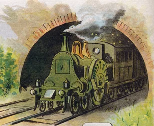Tren saliendo de un túnel. Grabado en "ABC L