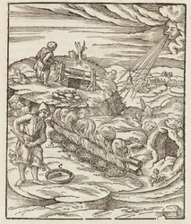 Tratamiento del bismuto - Grabado extraído de Descripción de los minerales y los principales métodos de explotación minera, de Lazarus Ecker