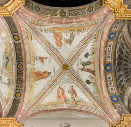 Transepto sur tercer tramo oeste, Isaac pide a Esaú que le traiga caza, Rebeca viste a Jacob con ropas de Esaú, Jacob confundido con Esaú da comida a Isaac, Esaú regresa con caza, Catedral de Santa María Assunta, Duomo, Cremona, Lombardía, Italia (foto)