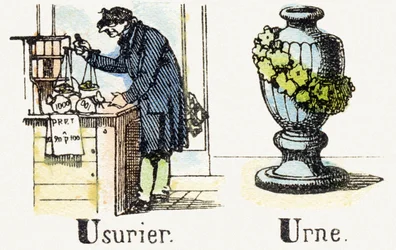U - Usurero - Urna - Alfabeto de Entretenimiento Infantil c.1890 (litografía)