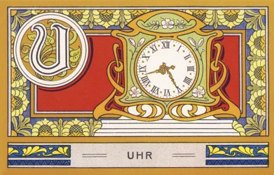 U : Uhr - Alfabeto Palmin. Serie de cromolitografías publicadas por H. Schlinck & Cie, Hamburgo, n. d. . Anuncio de Palmin feinstes Cocosfett. Tamaño : 7 x 11 cm