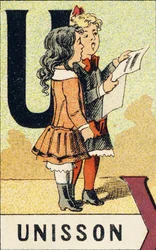 U: Unísono - Grabado extraído de ABCD de las niñas. Pellerin & Cie, impresor-editor, Epinal, circa 1890. Serie A. Dimensiones: 19 x 13,5 cm