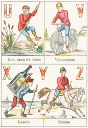 U V X Y Z; U: Una, dos y tres; V: Velocípedo; X: Jerez; Z: Zéfiro - Alfabeto de Juegos, c.1890 (grabado)