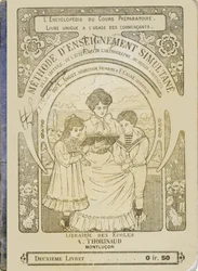 Una madre lee a sus hijos - Portada - Método de enseñanza simultánea de la lectura, la escritura, la ortografía, el dibujo y el cálculo por L. Angot, Inspector primario, Oficial de la Instrucción Pública y F. Cagne, Maestro público