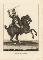Uniforme de caballería de Dragones Ligeros, con espada, mosquete y casco