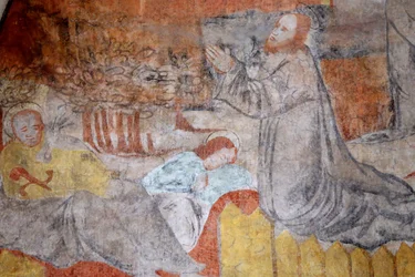 Iglesia de Vault de Lugny. Pintura mural del siglo XVI. Cristo en su pasión. Getsemaní, Jesús ora mientras los discípulos descansan, Francia