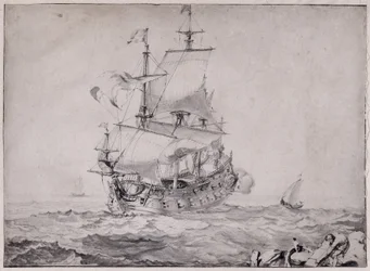 Buques en el mar disparando el cañón - dibujo de Pierre Puget (1620-1694) Siglo XVII Sol 23x32,5 cm Musee Grobet Labadie Marsella