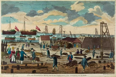 Vista cerca de Woolwich, Kent, Inglaterra, que muestra el uso de fuerzas para construir pontones (buques desarmados utilizados como prisiones flotantes).