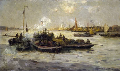 Vista de Limehouse, Inglaterra, con una descripción de la industrialización del Támesis a finales de la era victoriana (finales del siglo XIX) y de remolcadores, cúteres y barcazas; al fondo, la Torre Blanca de San Jorge.