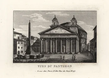 Vista del Panteón con fuente, Fontana del Panteón, y obelisco Macuteo en la Piazza della Rotonda, Roma