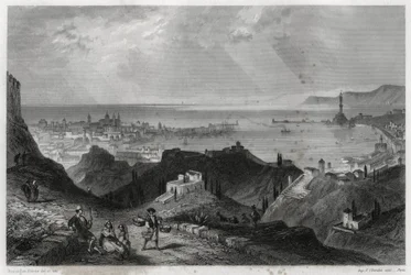 Vista de la ciudad y puerto de Génova, la ciudad brillante, la ciudad de mármol, Génova-la-Superba, en el libro sobre el Mediterráneo de Louis Enault (1824-1900), un periodista y viajero francés