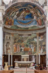 Vista de la nave y el presbiterio con las Historias de la Virgen, Duomo, Catedral de S. Maria Assunta, Spoleto, Umbría, Italia (foto)
