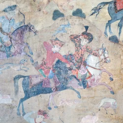 Pinturas murales en el portal de Qeysarieh, plaza del Imam Naqsh-e Jahan, Isfahán, Irán (fresco)