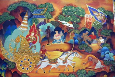 Templo budista tailandés Wat Ananda Metyarama. Pintura de la vida del Buda, 20160818, Singapur, Singapur