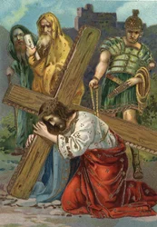 Vía Crucis - Estaciones de la Cruz: Séptima estación, Jesús cae por segunda vez. Cromolitografía. Colección privada