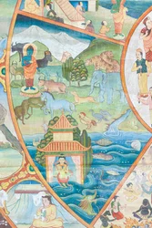 Rueda de la vida, detalle, pintura mural en wat Umong, Chiang Mai, Tailandia