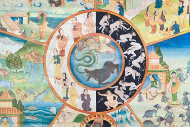 Rueda de la vida, detalle, pintura mural en wat Umong, Chiang Mai, Tailandia