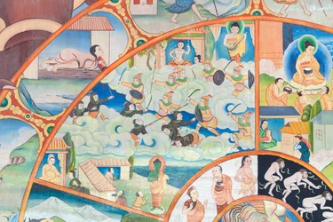 Rueda de la vida, detalle, pintura mural en wat Umong, Chiang Mai, Tailandia