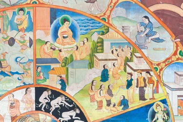 Rueda de la vida, detalle, pintura mural en wat Umong, Chiang Mai, Tailandia
