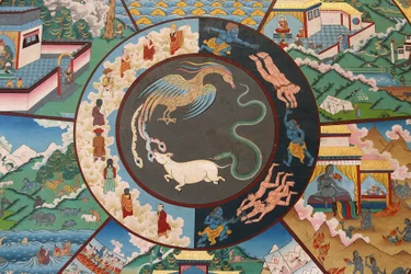 Rueda de la vida o rueda del samsara (mandala): gallo, serpiente y cerdo. Monasterio de Kopan, Katmandú, Nepal