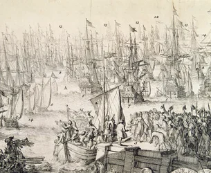 Guillermo de Orange zarpando hacia Inglaterra en noviembre de 1688 (grabado)