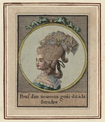 Mujer en un nuevo estilo de puf llamado Stradre. Puf con un nuevo gusto llamado el Stradre. Grabado en cobre coloreado a mano por un artista desconocido de un Álbum de peinados de moda de 1783, Suite des Coeffures a la Mode en 1783, Enauts et Rapilly, Pari