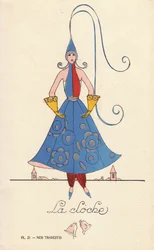 Mujer con disfraz de campana, la bell, con sombrero en forma de campana, vestido y guantes, y campanarios al fondo. Litografía de autor desconocido coloreada a mano con plantilla de "Nos Travestis" (Nuestros disfraces), París.